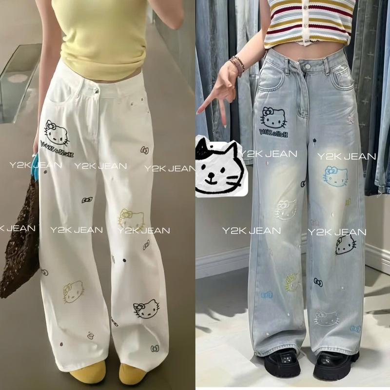 (NEW 2025 NẤM  LÙN và Quần Thường) Quần Jean suông nữ cạp cao tone màu xanh bụi cá tính phối hoạ tiết mèo Kitty xinh xắn hottrend xuân hè cho nấm lùn 1m40 1m50 và Bản thường dài 100cm