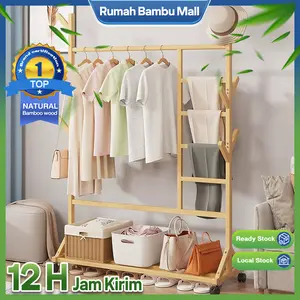 [RBM]Bamboo Wooden Clothes Rack With Wheels Multifunction Hat Coat Rack Stand Garment Organize clothes rack Rak Baju Furniture jemuran dalam rumah rak baju gantung