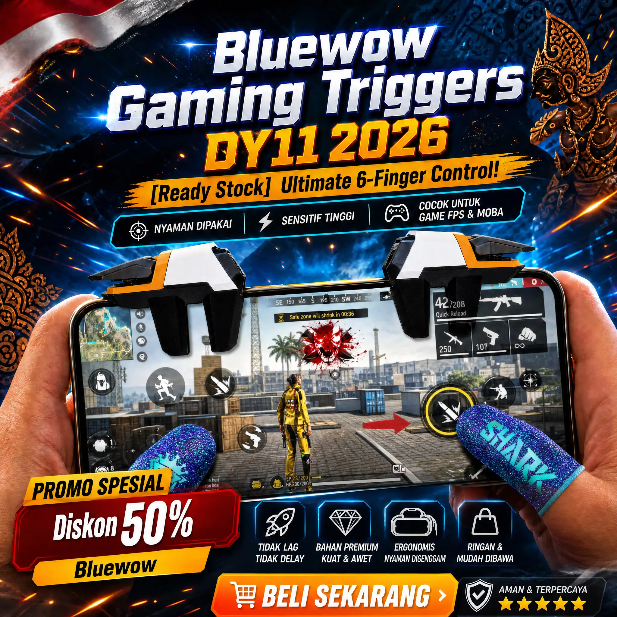BlueWow trigger 　DY11/G21/CH5　Kontroler Game  Profesional Pendamping PUBG MOBILE, Kompatibel untuk Ponsel Android dan iPhone, Kebisingan Rendah, Pendinginan Cepat, Konsumsi Daya Rendah, dan Desain Senyap.