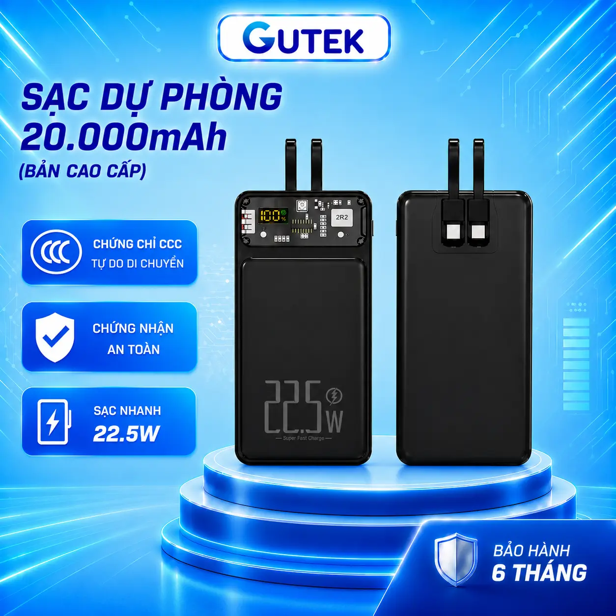 [Tặng sạc 4 trong 1] Pin Sạc dự phòng 20000mah sạc nhanh 22,5W có sẵn dây cho điện thoại - Gutek DX160