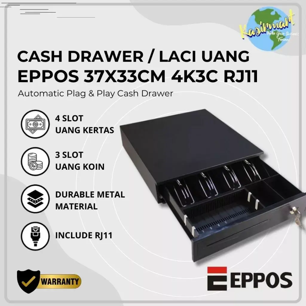 EPPOS Mini Cash Drawer 37x33CM 4K3C RJ11 Laci Uang Kasir Minimarket Hitam Buka Otomatis CD320 CD339 Alat Kasir Metal