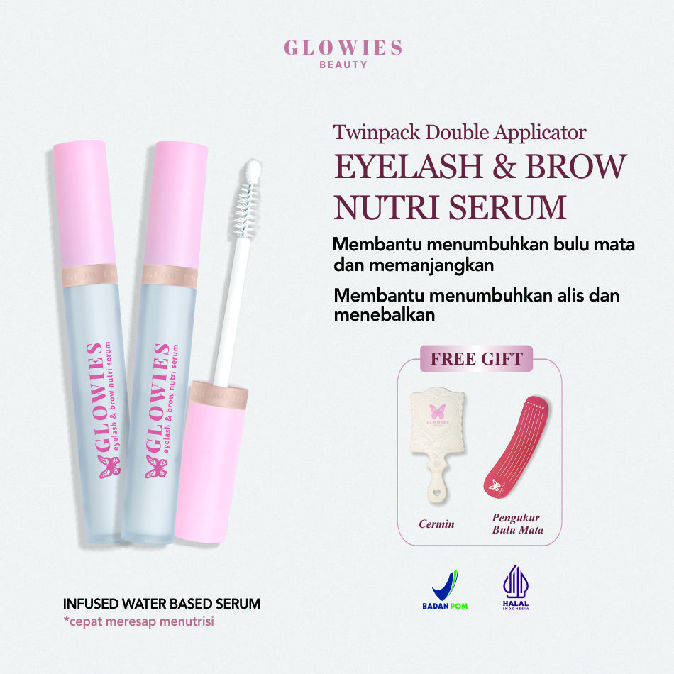 GLOWIES BEAUTY Twinpack Serum Alis dan Bulu Mata Eyelash 4 ml Double Applicator | Free Gifts Cermin & Pengukur Bulu Mata | Water Based Serum Box |