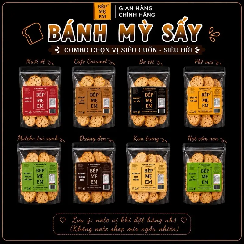 Combo chọn vị Bánh Mì BẾP MẸ EM Vị : Bơ Tỏi / Phô Mai / Đường Đen / Cafe Caramel / Kem Trứng / Matcha / Muối Ớt ( Ghi chú chọn vị cho shop vào lúc đặt hàng / không nhắn tin riêng shop dễ bị lẫn đơn / có hướng dẫn ghi chú vị ở phần mô tả sản phẩm )