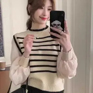 Atasan Rajut Wanita Korean Style Lengan balon - Sweater Rajut Lengan Panjang Motif Strip