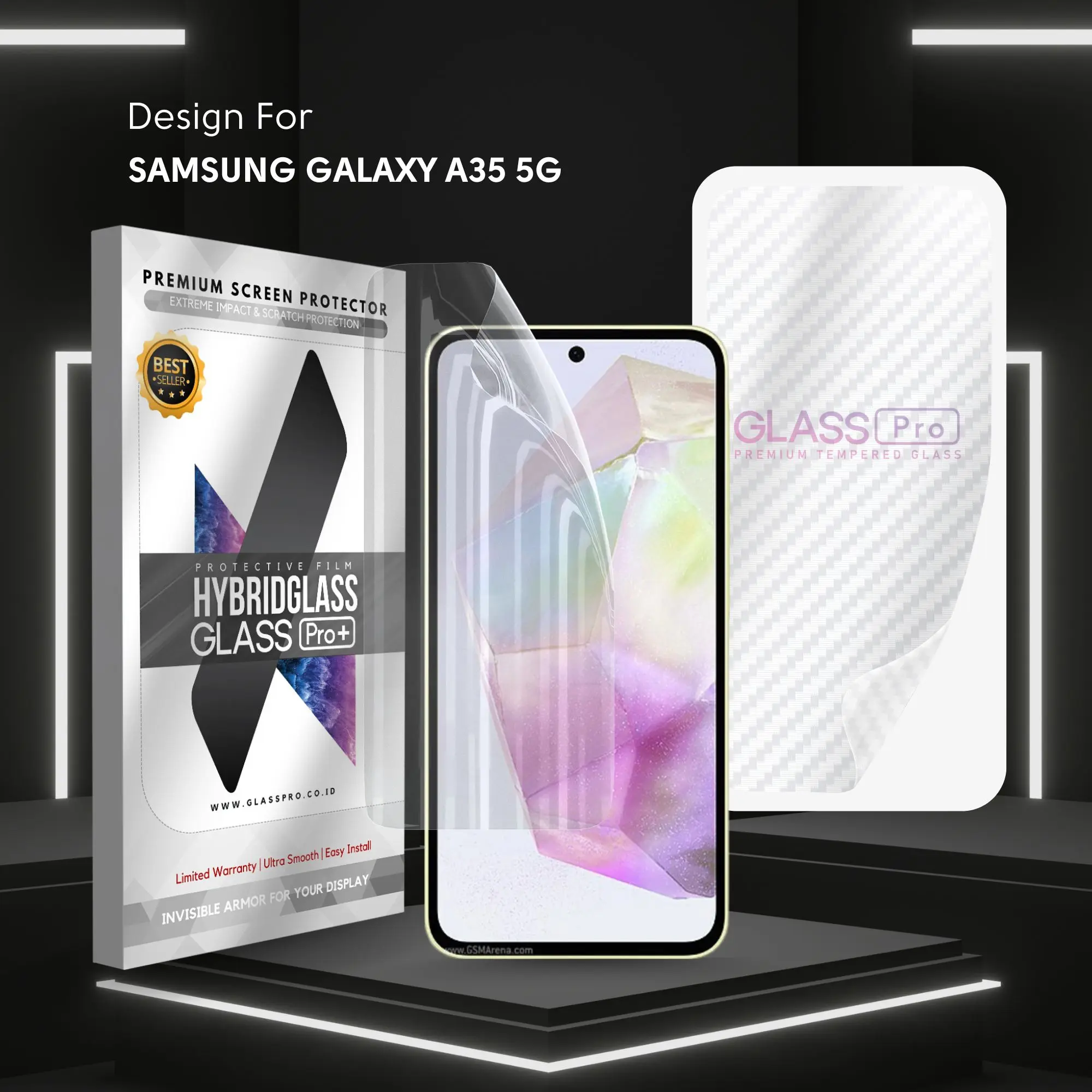 For SAMSUNG GALAXY A35 5G - Hybrid Glass Hydrogel Full Cover Depan Belakang Anti Gores Premium Screen Protector Glossy Glass Pro - NOT Tempered Glass Matte Anti Gores Kaca Anti Crack Privacy Easy Install Gorilla Glass Anti Static hg-clear-carbon