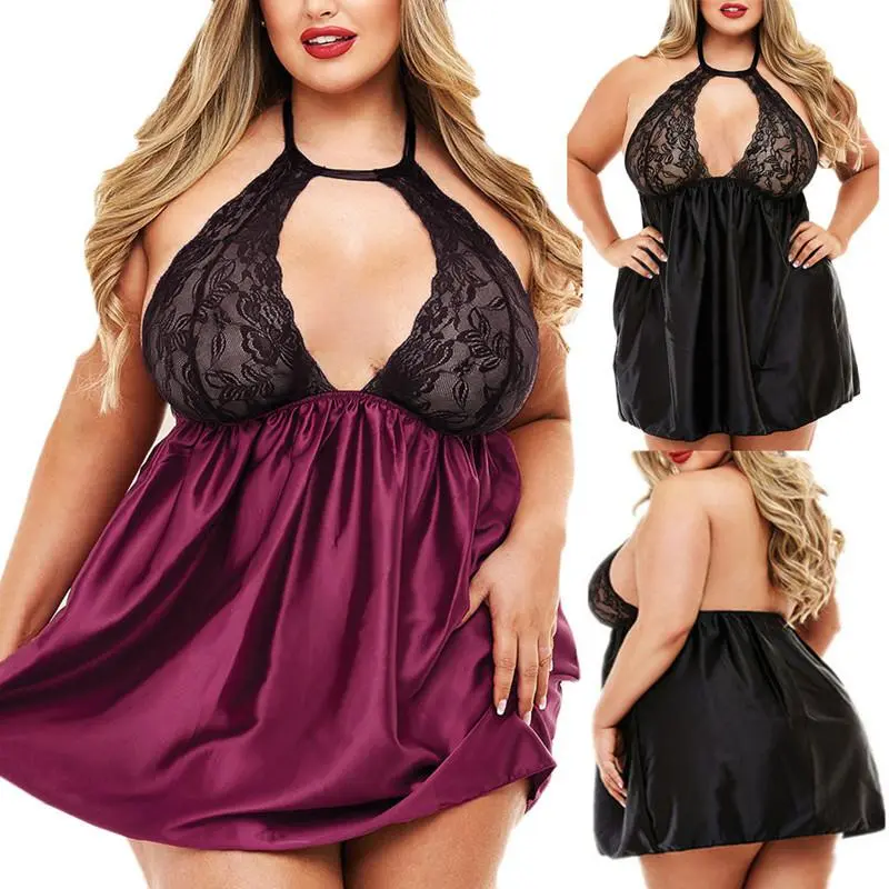 Women's new sexy plus size nightgowns lace lace nightwear Plus Size Lace Satin Night Dress Sleeveless Nighties V Neck Nightgown