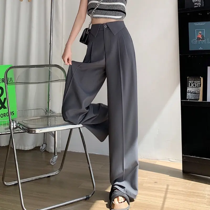 celana setelan kerah Celana setelan hitam wanita Celana wanita gaya korea celana lurus kaki lebar pinggang tinggi Panjang Standar Putih Polyester 1
