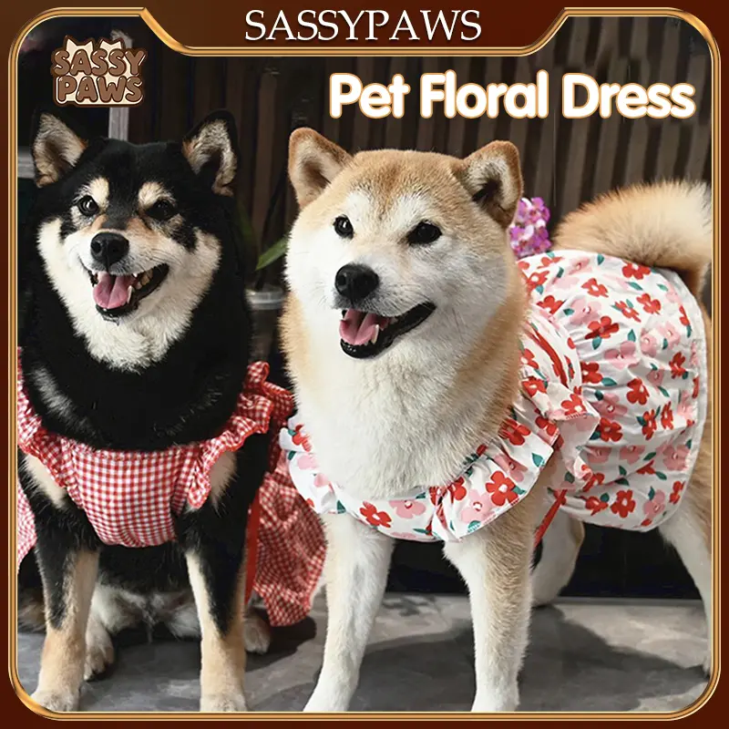 SASSYPAWS Pet Dress Floral Pattern Pleated Hemming Windproof Pet Vest Puppy Flying Sleeve Clothes for Spring