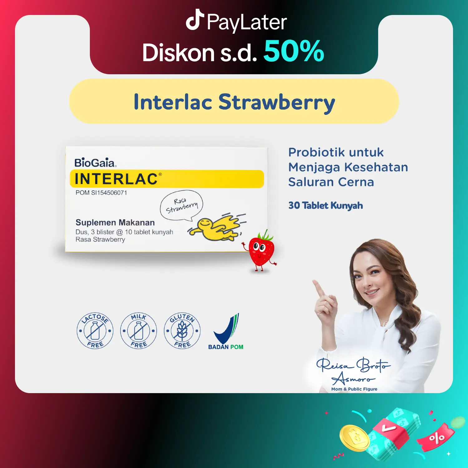 Interlac Probiotik Tablet Kunyah Strawberry 3 Strip @10 Tablet - Menjaga Kesehatan Saluran Pencernaan Anak hingga Dewasa