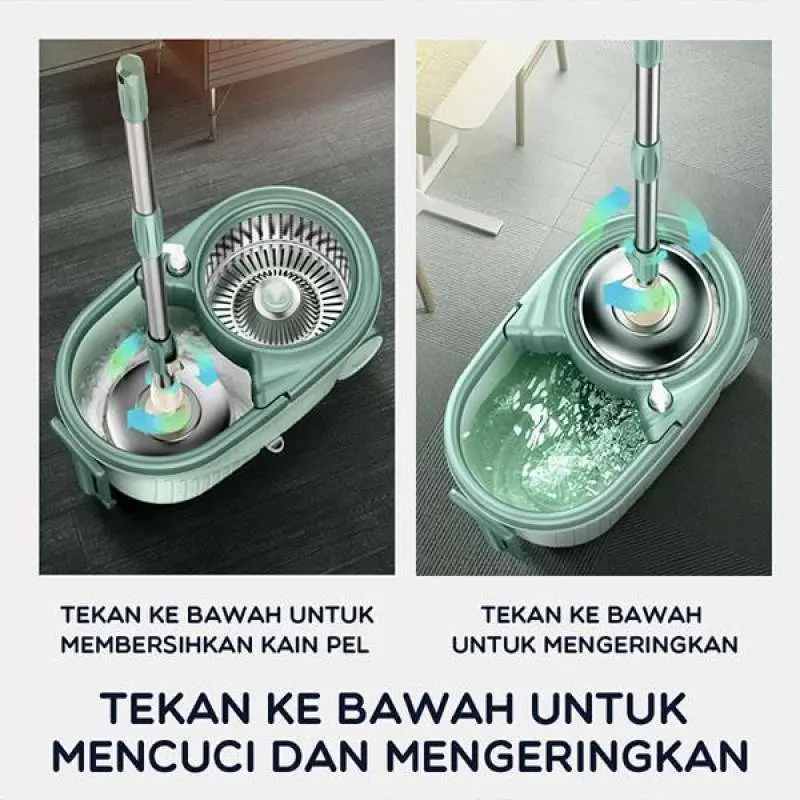Alat Pel Lantai Microfiber dengan Ember Spin Mop Mencuci dan Membilas Alat Pembersih Lantai Bahan Spin Press Stainless 5
