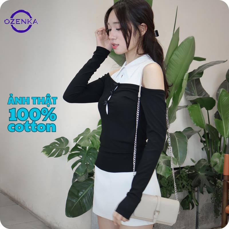  Áo Thun Nữ Tay Dài Phối Cổ Polo Hở Vai Đính Nơ Ozenka - áo kiểu ulzzang sang chảnh thanh lịch mặc đi chơi 