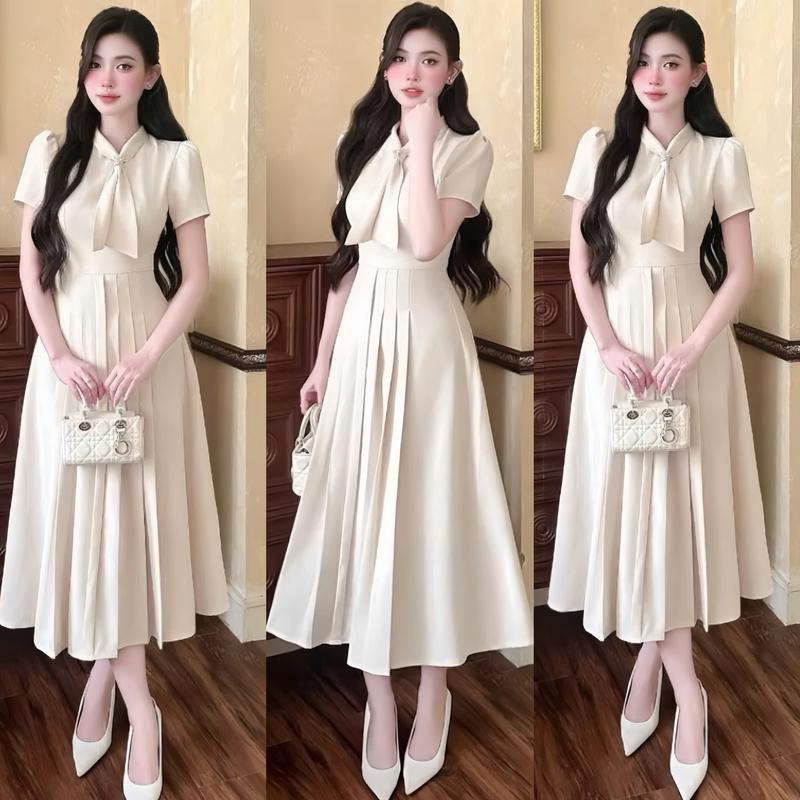 B107 Váy đầm tiểu thư, váy dáng dài Miju thiết kế nơ điệu đà (kèm tag hoa mai) đi làm đi tiệc