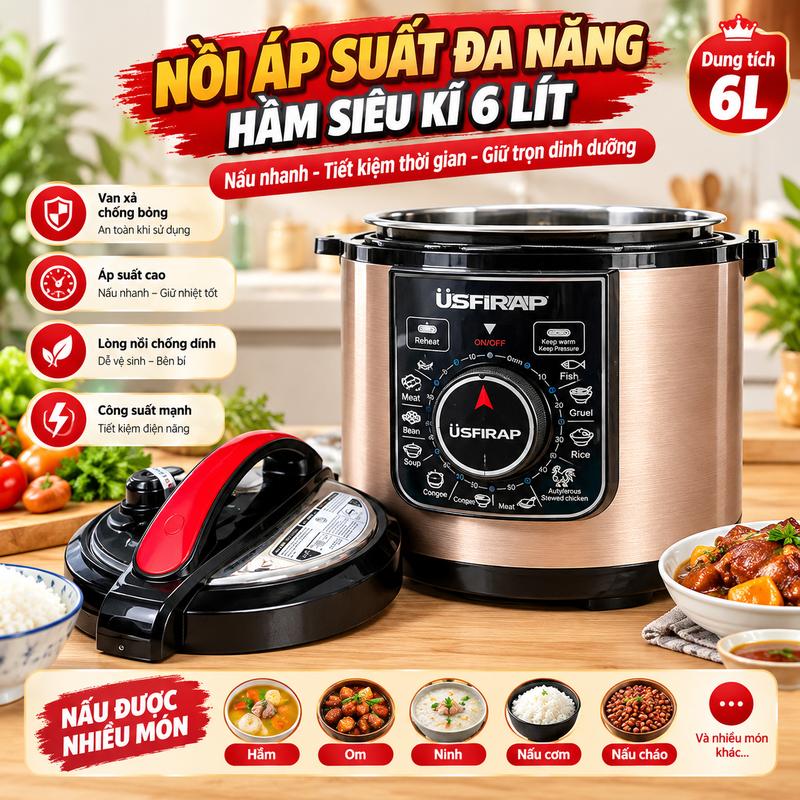 Nồi Áp Suất Đa Năng Hầm Siêu Kĩ 6 Lít, Có Van Xả Chống Bỏng, Nấu, Hầm, Om, Ninh...