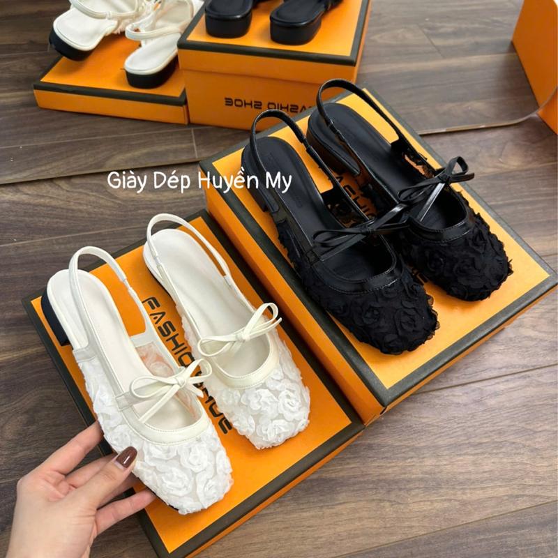 Giày Sục Nữ 2P Ren Hoa Phối Nơ Hàng Cao Cấp Full Hộp ( TT29 )