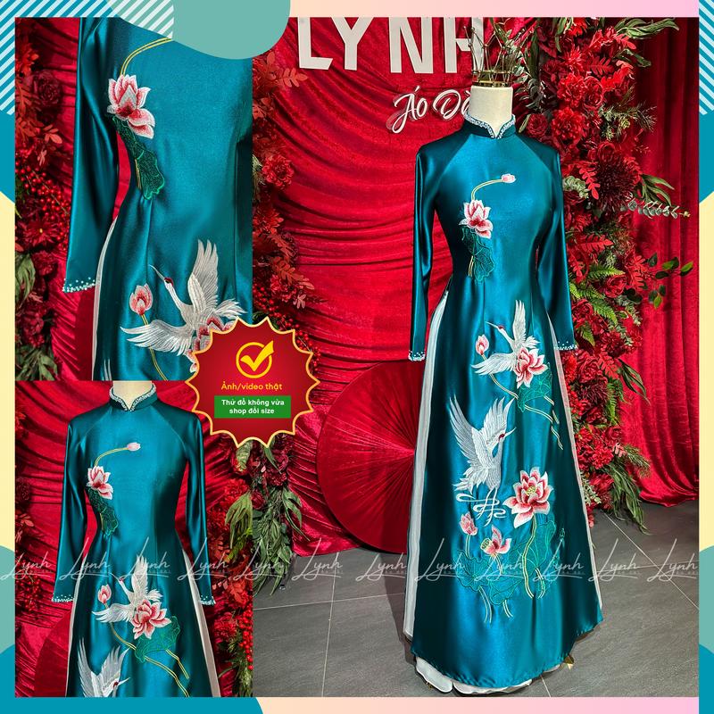  Áo Dài Mẹ Sui - XANH lam LỤA SATIN THÊU HẠC SEN - ÁO DÀI LYNH Váy Cưới Nữ Váy Váy Cưới Women Dress Women Voan Voi Kem Voan 