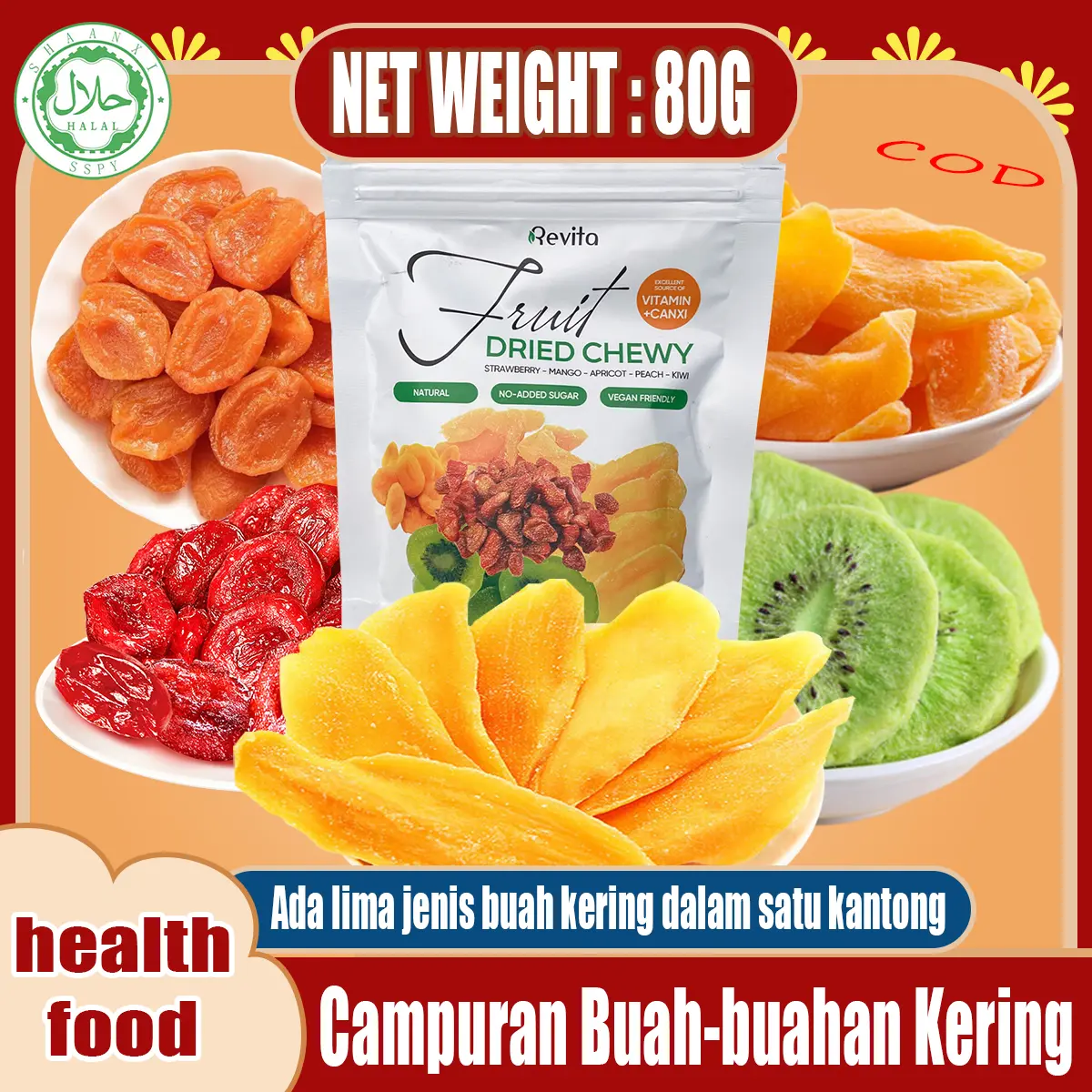 【Spesial Akhir Bulan】 [Halal] campuran buah kering 80gStroberi, Mangga, Aprikot, Persik, Kiwi 【Produk Panas】 Manis Food