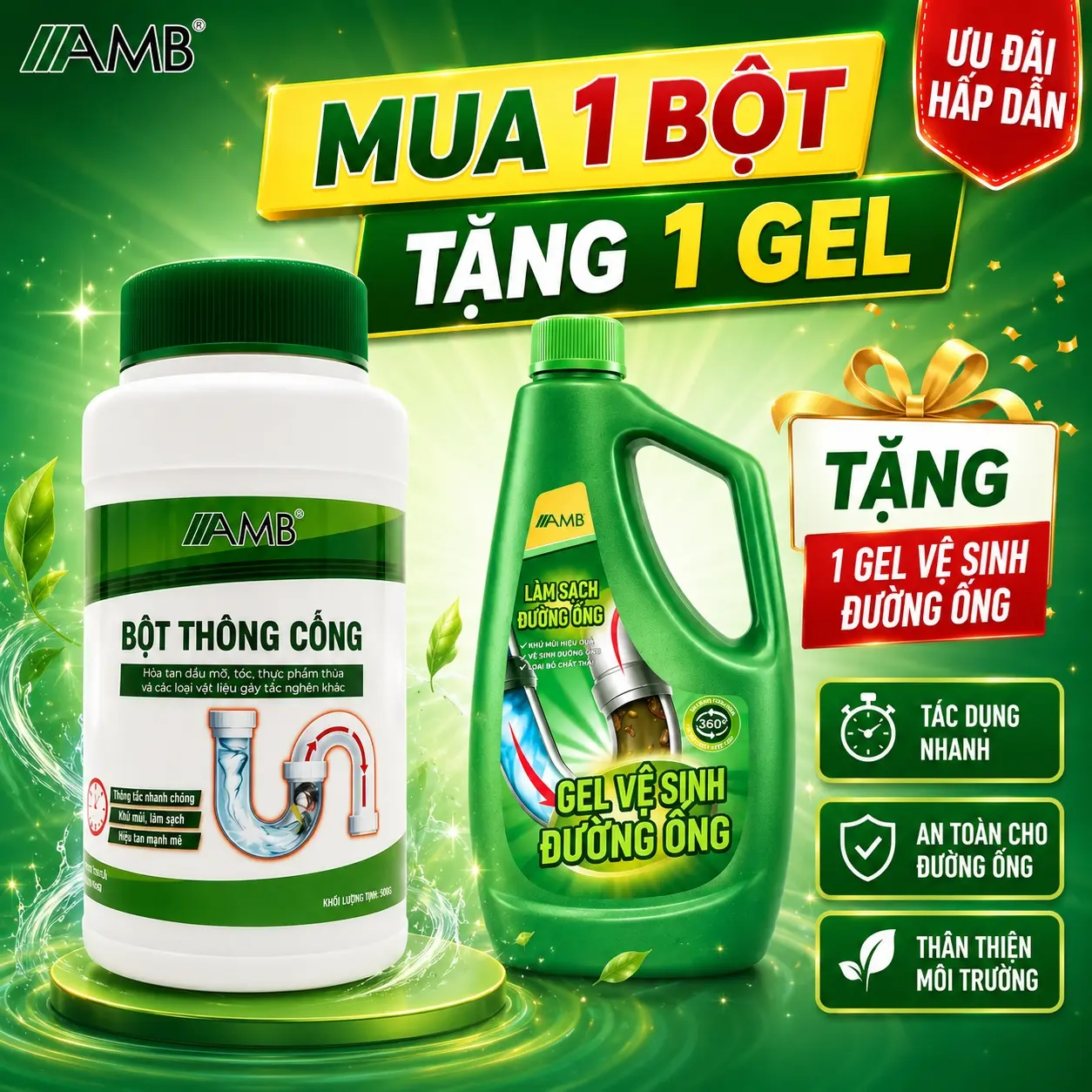 ( Mua 1 TẶNG 1 )  Bột thông cống sinh học AMB,Làm Sạch thông tác cống, đường ống bồn rửa bát, rửa mặt. An toàn thân thiện với đường ống.