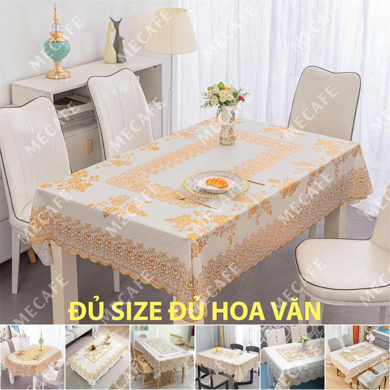 Khăn Trải Bàn PVC Chữ Nhật Hoa Ren Nổi Màu Vàng Nhũ Chống Thấm Dễ Lau Chùi Kích Thước Đa Dạng 40x80cm Đến 150x230cm Trang Trí Bàn Phòng Khách Phòng Ăn