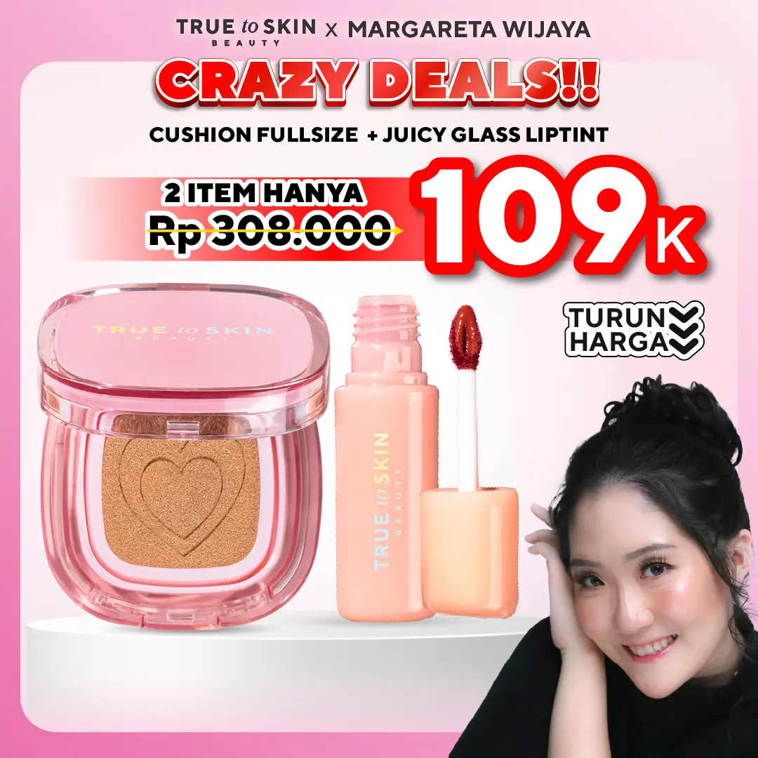 [EXCLUSIVE MARGARET X TRUE TO SKIN] - CUSHION + LIPTINT ( Skinlike Porefecting Cushion SPF 35 PA++++ dan Juicy Glass Tint )