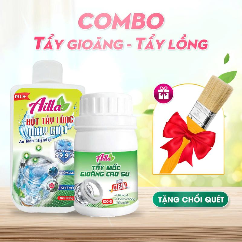 COMBO 1 Chai Vệ Sinh Lồng Giặt Ailla 300g dạng bột + 1 Chai Tẩy Mốc Gioăng Cao Su Ailla 100g dạng bột - Giúp làm sạch lồng giặt cho quần áo thơm mát