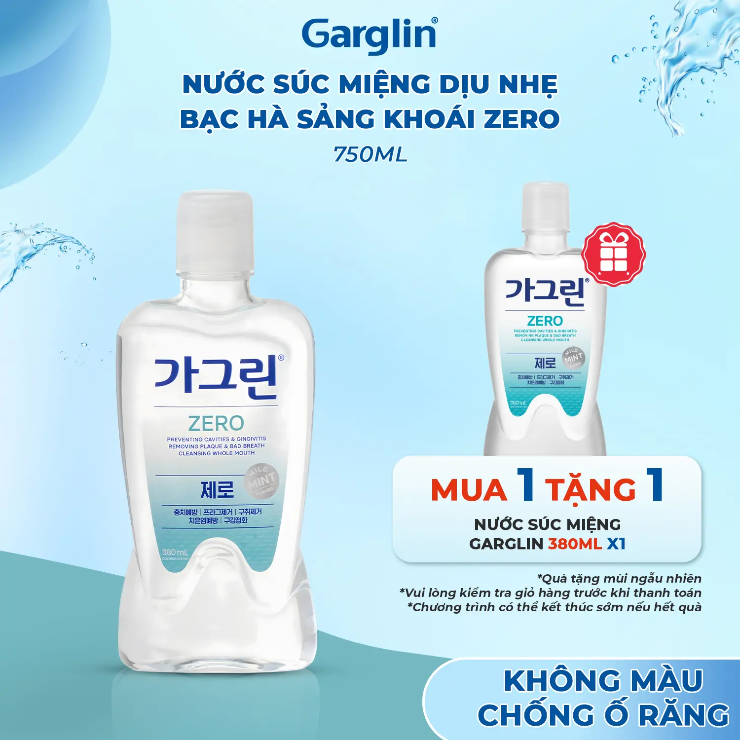 Nước súc miệng Garglin Zero chai 750ml không cồn - Hàng chính hãng