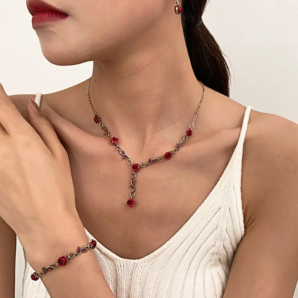 French retro flower jewelry set, romantic rose bracelet, niche versatile high-end necklace 3-piece set vintage hadid bella