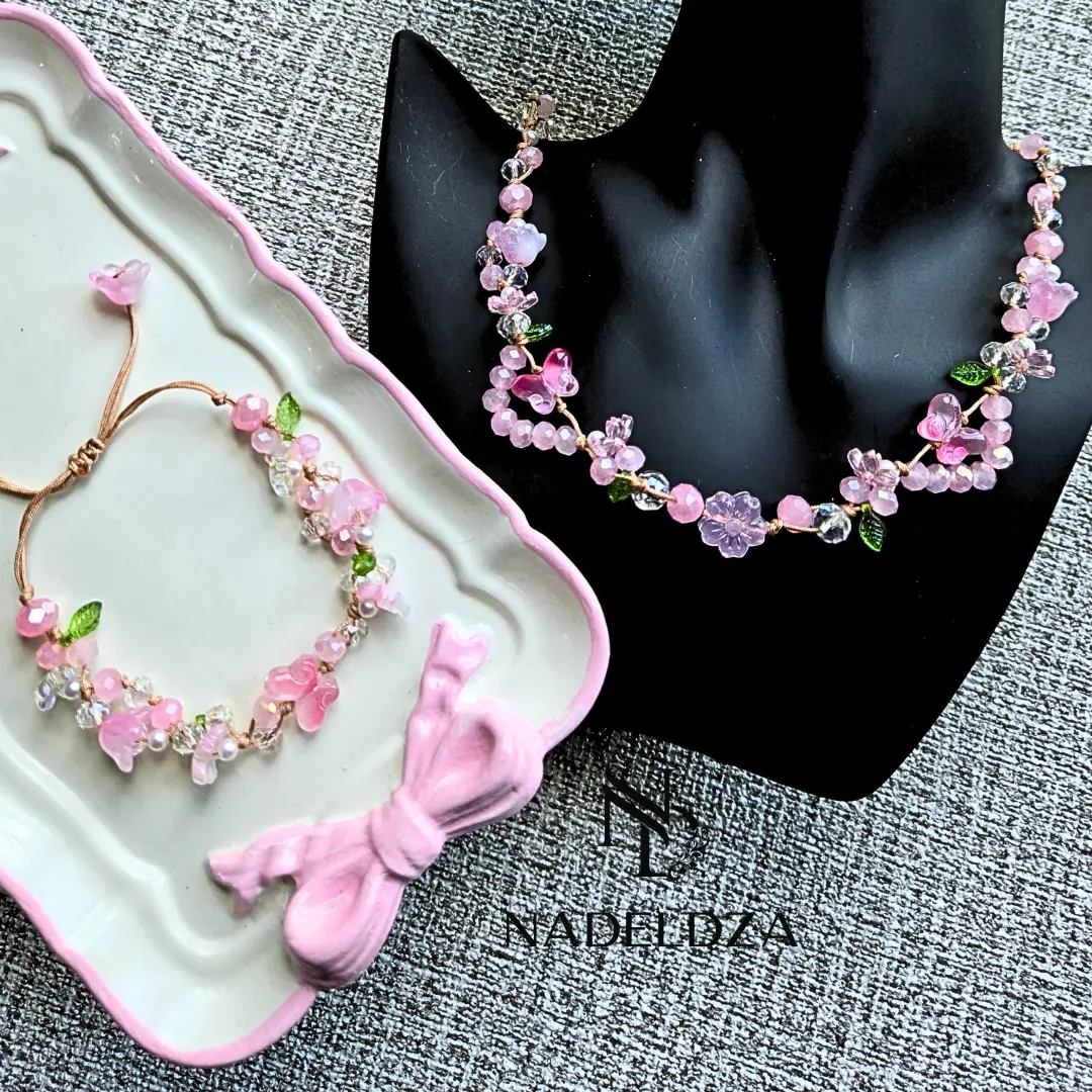 Nadeldza Set Kalung Gelang Kupu Fairy Glass Aesthetic Raya Series/ Gelang Fairy Bunga Aesthetic/ Kalung Kelopak Bunga
