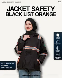 Jaket Safety Tambang Waterproof Taslan Balon Hitam List Orange Scotlight Reflektif – Jaket Kerja Lapangan Anti Air Bisa Custom Bordir Logo Nama & Tulisan Belakang | Bandung Industry Garment