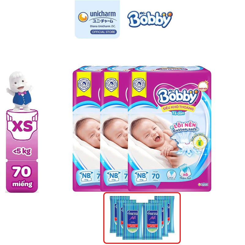 [COMBO 3-TẶNG 6 KHĂN ƯỚT FRESSI ALL 10M] Bobby Tã/bỉm dán XS70 Siêu khô thoáng lõi nén cotton-soft vitamin E