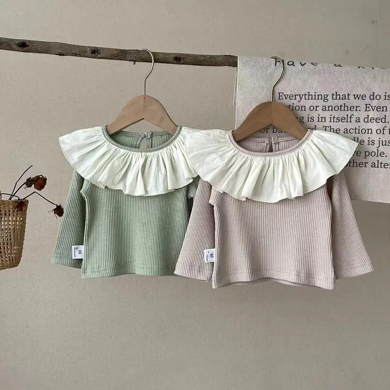 Áo Mùa Thu Cho Bé Gái, Áo Dài Tay Có Cổ Hoa Sen Màu Trơn, Áo Thun Cho Bé Gái, Quần Áo Trẻ Em, Áo Cho Bé Gái 0-2 Tuổi 1