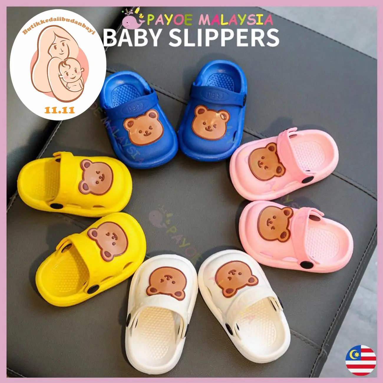 Baby Kids Slippers Cute Bear Boys Girls Non-slip Sandals Beach Shoes Casual Selipar Kasut Budak Lelaki Perempuan Lightweight Soft Children Yellow Cat kasut  baby