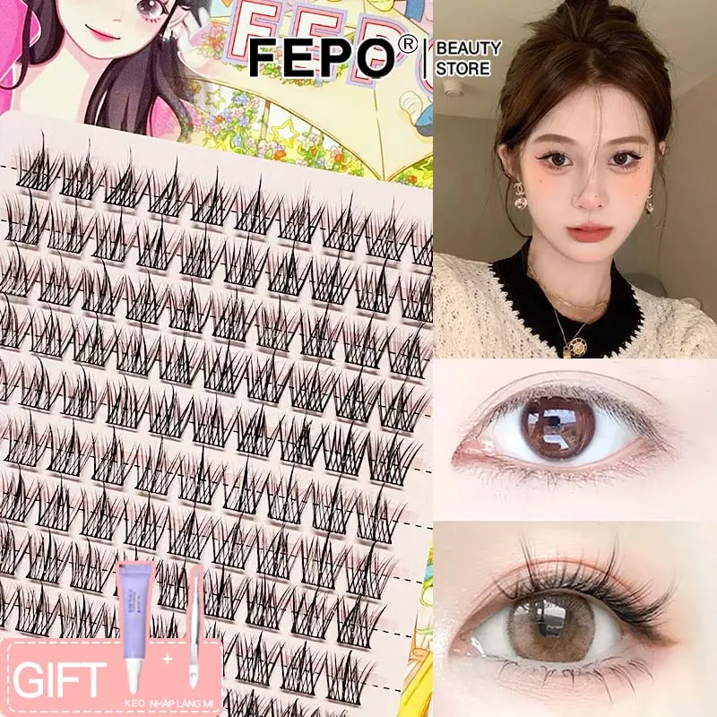 FEPO 10 Hàng Lông Mi Giả 11-12mm tự nhiên Sức Chứa Lớn Chất Lượng Cao Món quà miễn phí Keo dán lông mi + nhíp