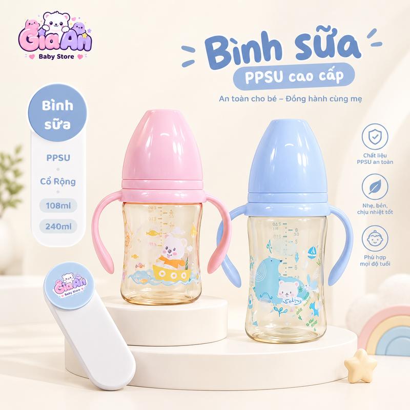 Bình Sữa PPSU Cao Cấp GB Baby Cổ Rộng Họa Tiết Tay Cầm 180ml/240ml