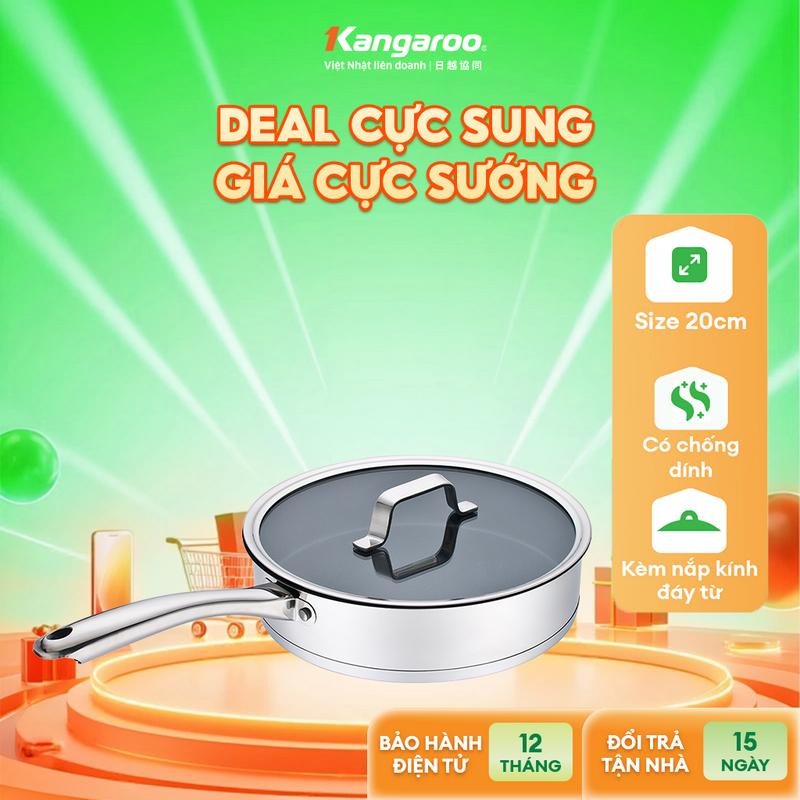 [ IH ] Chảo inox chống dính đáy từ cao cấp size 20cm Kangaroo KG01F120-  đi kèm nắp vung kính.