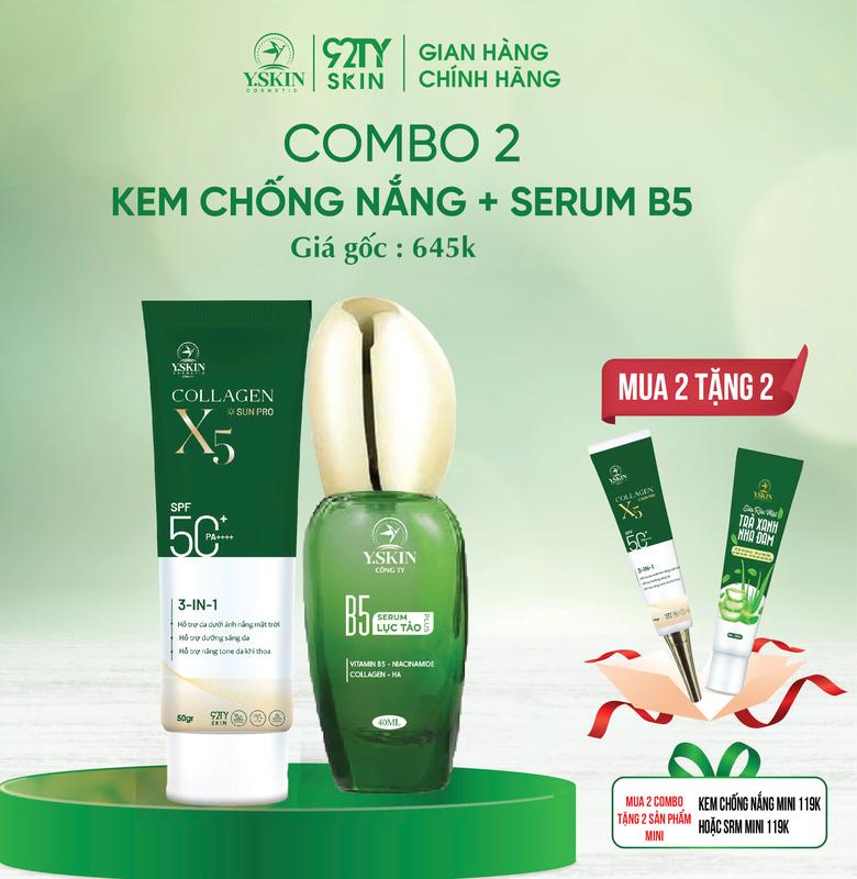   YSKIN  COMBO Dưỡng Da Chống Nắng  Serum B5 Lục Tảo + Kem cn Collagen X5  - Tặng kèm  Kem Chống Nắng Mini hoặc Sửa rửa mặt mini hoặc Serum B5 mini  Skincare Kem Face 