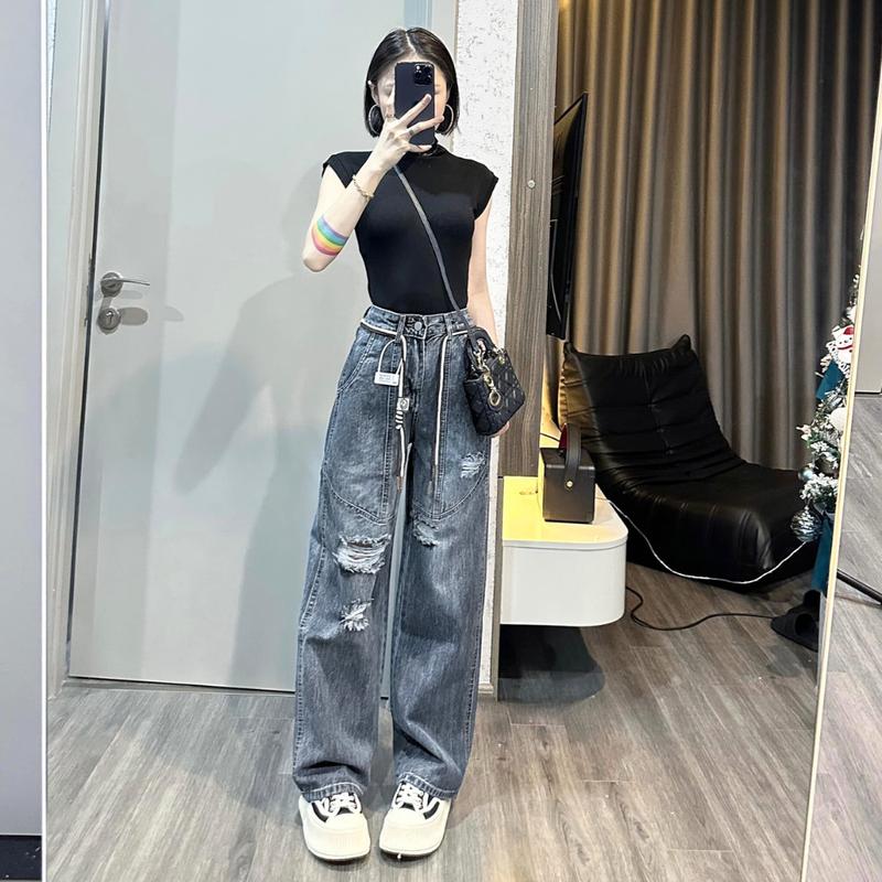 Quần jean rách gối MELINA (có bigsize) quần bò suông nữ cạp cao màu xanh xám size S M L XL 8860 quan  jean ong rong Women