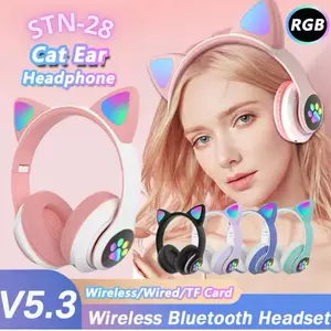 STN28 Headset Bluetooth RGB Light Cute Cat Headphone With Mic Control LED Stereo Music