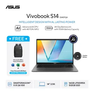 ASUS Vivobook S14 | S3407QA-IPSP151M - S3407QA-IPSP152M | Snapdragon X X1-26-100 | RAM 16GB | SSD 512GB | Layar 14"Inch 2.5K IPS | Windows 11 Home + Microsoft Office Home 2024