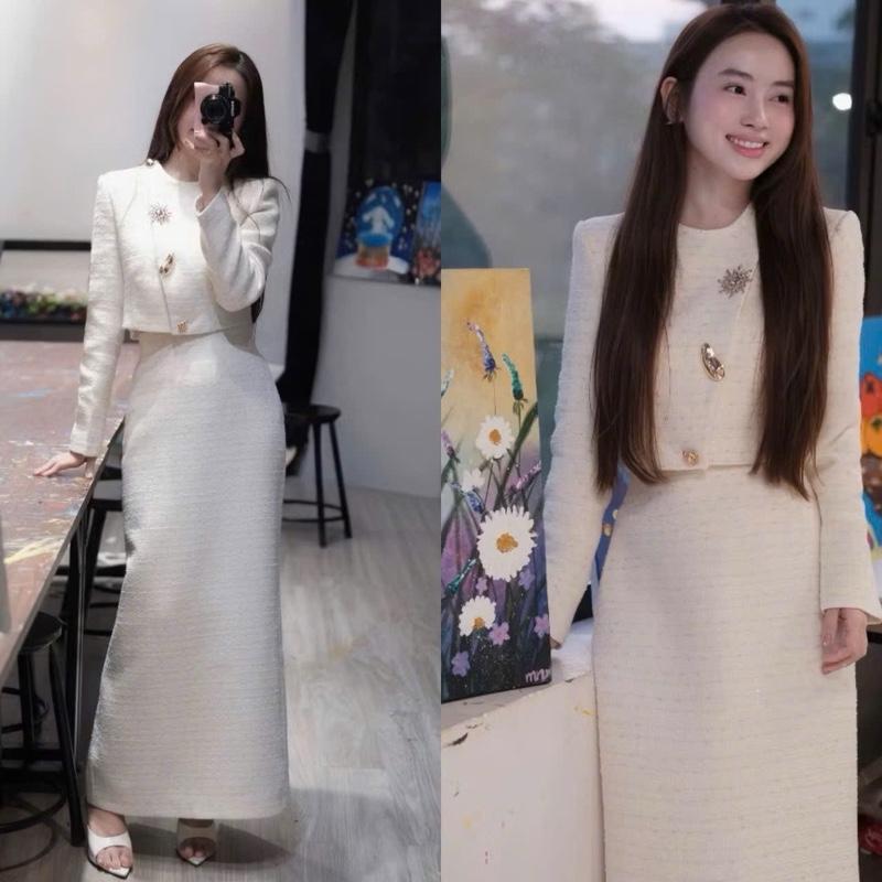  Set Dạ Tweed Trắng Kem Dáng Dài L1 Áo Khoác Cổ Tròn Đính Khuy Cài Sang Chảnh Mix Chân Váy Xuông Dài 