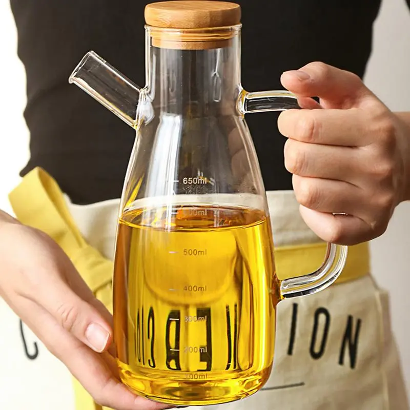 Big Belly Shape Glass Oil Bottle, 1 Count Large Capacity Oil Dispenser, Home Kitchen Glass Oil Bottle with Wooden Lid & Handle, Kitchen Utensils, Kitchen Accessories