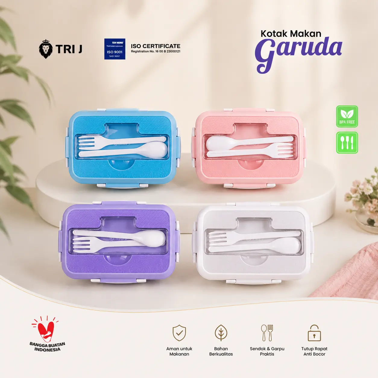 Kotak Makan Lunch Box Tepak Makan Wadah Bekal 4in1 + Sendok Garpu