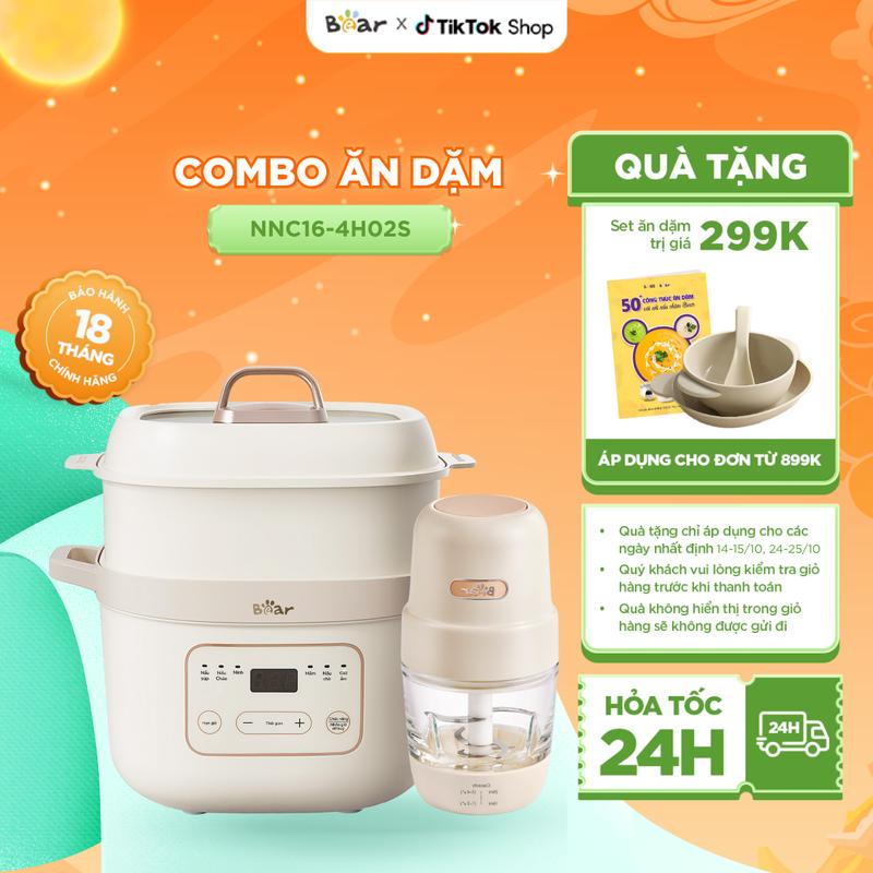 [Tặng Cẩm nang ăn dặm] Combo Ăn Dặm Nồi Nấu Cháo Chậm BEAR Nồi Nấu Chậm Nồi Nấu Chậm Cho Bé 1,6L NNC16 và Máy Xay Ăn Dặm Cho Bé Máy 0,3L 4H02S 8 Lưỡi Mini Cầm Tay Xay Cháo Nhuyễn Cho Bé