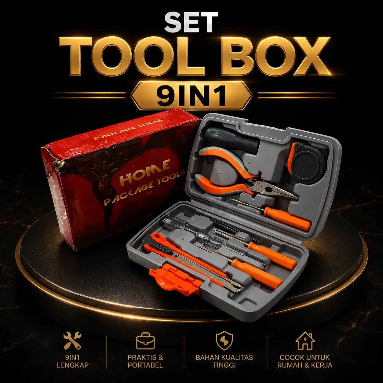 Set Tool Box 9in1 Alat Perkakas Rumah Obeng Tang Cutter Meteran Pinset Lengkap Home Package Tools Praktis & Portabel untuk Rumah & Kerja