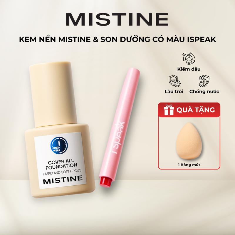  【COD  Combo Kem nền Mistine che phủ hoàn hảo kiềm dầu tốt 30g*1 + Son dưỡng có màu ISPEAK*1 +  TẶNG  1 Bông mút 