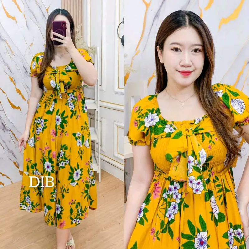 Lyona Dress Kerut Tali Pita Smoke Depan Belakang Bahan Adem Lembut Menyerap Keringat - Daster Kekinian Casual - Midi, Motif, Cantik, Kerah, Pendek, Santai, Panjang, Tangan 0