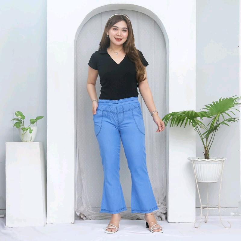 Celana Jeans Rawis Cutbray Pinggang karet atlentis  kulot wanita Bahan semi Jeans pinggang fuul karet Model Citbray Nyaman Panjang 0