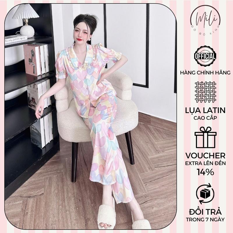 Đồ Bộ Pijama Nữ Tay Ngắn Phối Cổ Bèo Viền Bèo MiLi – Áo Tay Ngắn, Quần Dài Có Túi – Vải Lụa Latin Mềm Mịn Cao Cấp