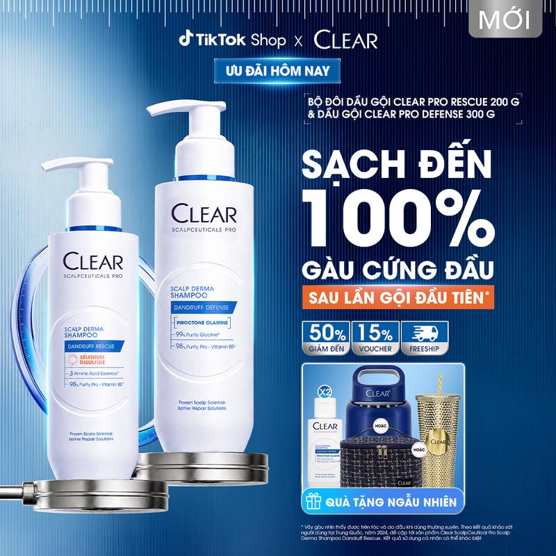 BỘ ĐÔI DẦU GỘI CHUYÊN DỤNG GIÚP NGĂN NGỪA GÀU VƯỢT TRỘI & BẢO VỆ DA ĐẦU Clear Dandruff Rescue Pro 200G + Defense 300G