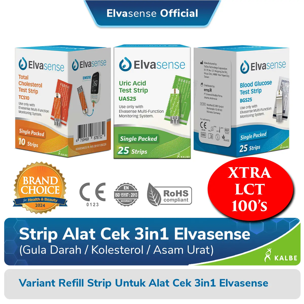 Elvasense Strip Alat Cek 3in1 (Gula Darah, Kolesterol, Asam Urat) Kemasan Satuan Higienis + XTRA LCT 100's