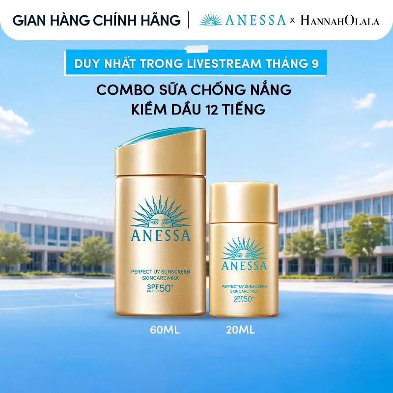 Anessa x Hannah - Combo Sữa chống nắng dưỡng da kiềm dầu bảo vệ hoàn hảo Anessa Gold Milk SPF50+ PA++++ 60ml + 20ml